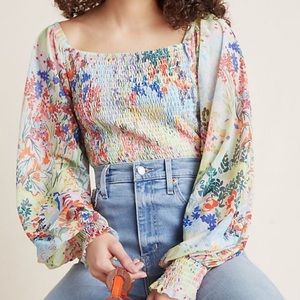 Anthropologie Rouen Floral Smocked Blouse